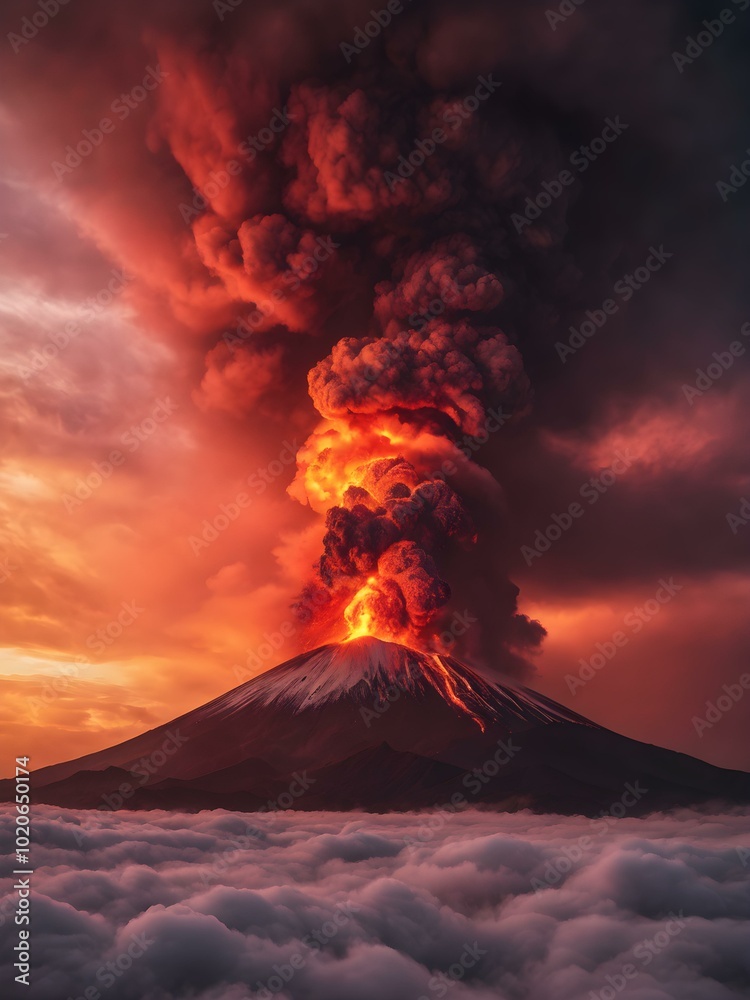 A sky darkened by volcanic ash, with red and yellow hues from the eruption glowing through the clouds, creating an intense and otherworldly atmosphere
A sky darkened by volcanic ash, with red and yellow hues from the eruption glowing through the clouds, creating an intense and otherworldly atmosphere