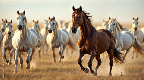 A herd of horses are running in a field