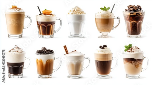 Wallpaper Mural A diverse assortment of hot beverages, featuring an array of coffee drinks and teas, all beautifully presented against a white background. Torontodigital.ca