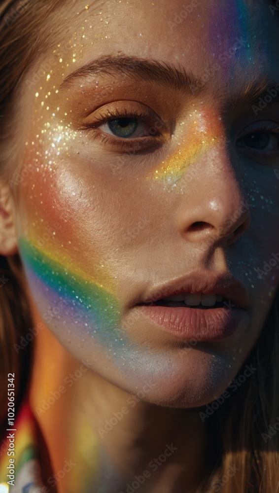 Split-style portrait of woman with focus on eye makeup and skin texture