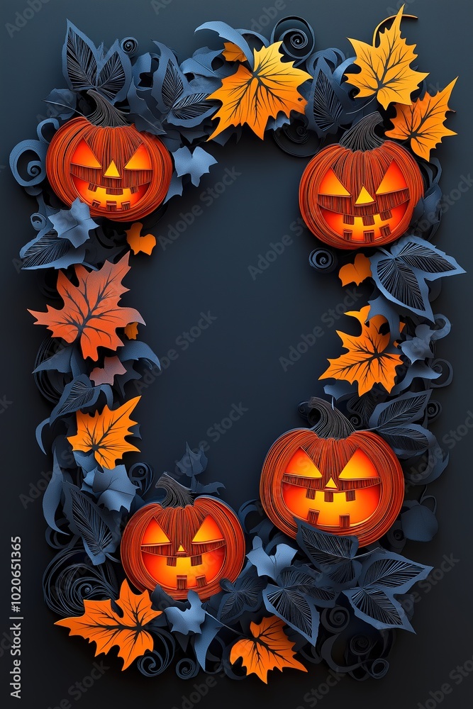 Quilled Jack-O’-Lanterns and Paper-Cut Autumn Leaves, Festive Halloween Border Design Quilled Jack-O’-Lanterns and Paper-Cut Autumn Leaves, Festive Halloween Border Design