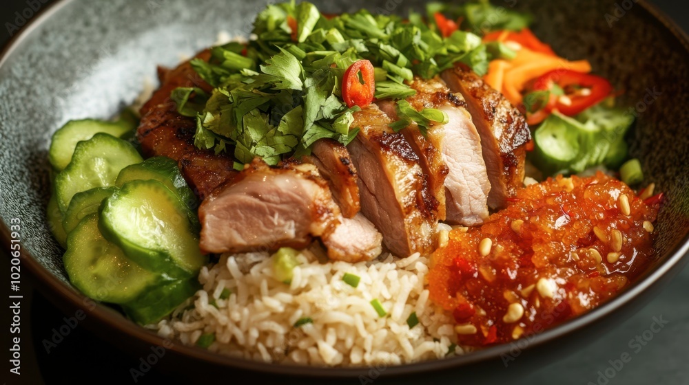 A delectable plate of pork leg rice with tender, melt-in-your-mouth pork, served with fragrant rice and pickled vegetables. A delectable plate of pork leg rice with tender, melt-in-your-mouth pork, served with fragrant rice and pickled vegetables.