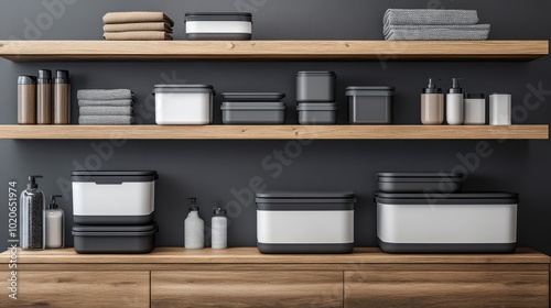 Modern storage containers and bathroom accessories on wooden shelves in minimalist home interior photo