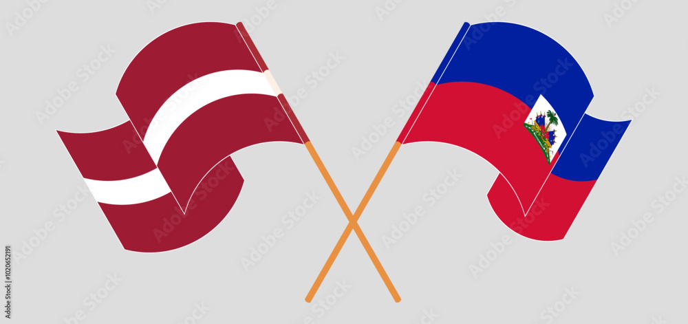 Crossed and waving flags of Latvia and Republic of Haiti. Vector illustration Crossed and waving flags of Latvia and Republic of Haiti. Vector illustration