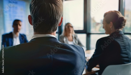 Young colleagues raising hands to ask questions during business meeting sitting back in office. Diverse business people voting at the conference in meeting room listening their