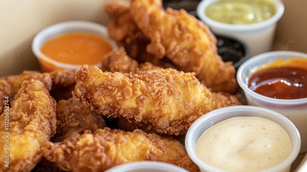 A delicious close-up of fried chicken tenders with a crispy coating, served with various dipping sauces. A delicious close-up of fried chicken tenders with a crispy coating, served with various dipping sauces.