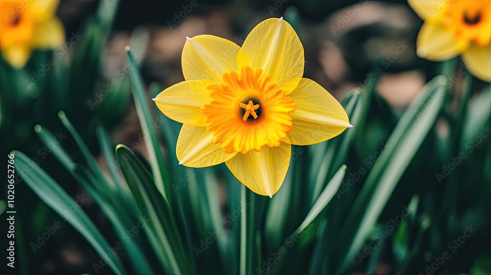 Bright Yellow Daffodil Blooming in Spring Garden Bright Yellow Daffodil Blooming in Spring Garden