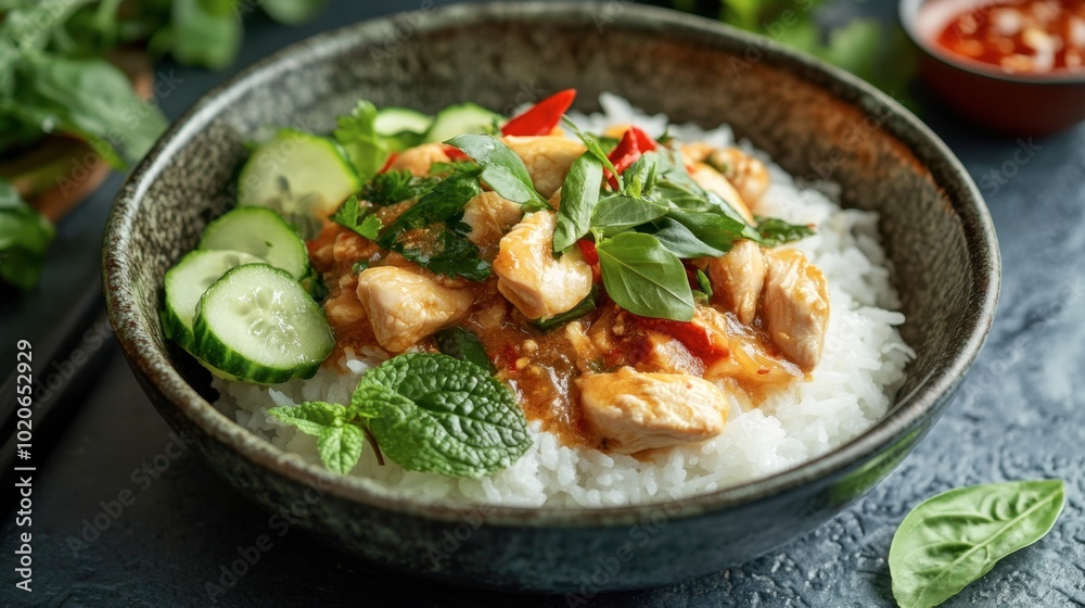 A delicious dish of steamed rice topped with tender chicken, accompanied by cucumber and herbs, served with a tangy sauce. A delicious dish of steamed rice topped with tender chicken, accompanied by cucumber and herbs, served with a tangy sauce.