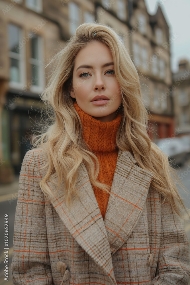 Close-up portrait of a model with loose curls wearing an orange plaid coat, set against a city backdrop. A cozy and stylish autumn fashion look. Close-up portrait of a model with loose curls wearing an orange plaid coat, set against a city backdrop. A cozy and stylish autumn fashion look.