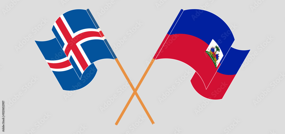 Crossed and waving flags of Iceland and Republic of Haiti. Vector illustration Crossed and waving flags of Iceland and Republic of Haiti. Vector illustration
