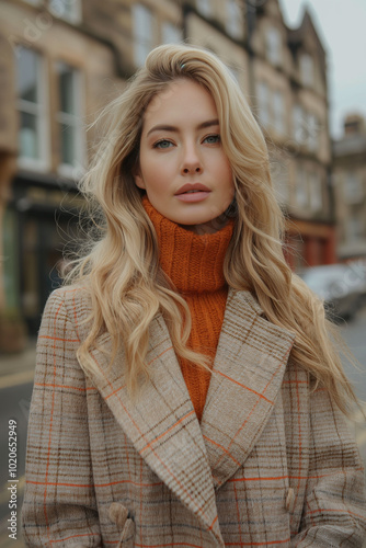 Close-up portrait of a model with loose curls wearing an orange plaid coat, set against a city backdrop. A cozy and stylish autumn fashion look.