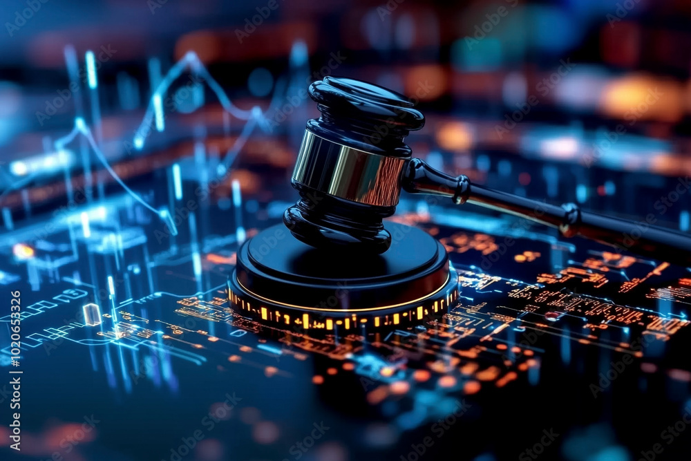 Law and Technology Concept with Gavel and Circuit Board Background Law and Technology Concept with Gavel and Circuit Board Background