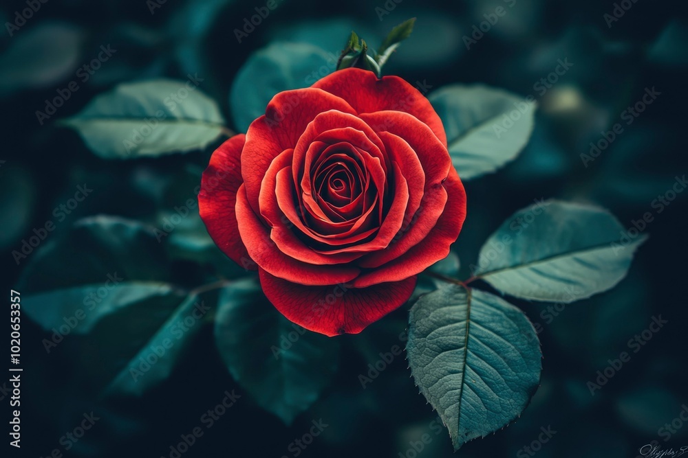 A Single Red Rose in Bloom Against a Dark Green Foliage Background A Single Red Rose in Bloom Against a Dark Green Foliage Background