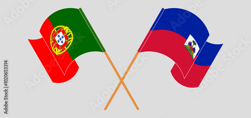 Crossed and waving flags of Portugal and Republic of Haiti. Vector illustration photo