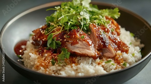 A delicious plate of pork leg rice topped with perfectly tender pork, garnished with greens and served with a tangy dipping sauce.