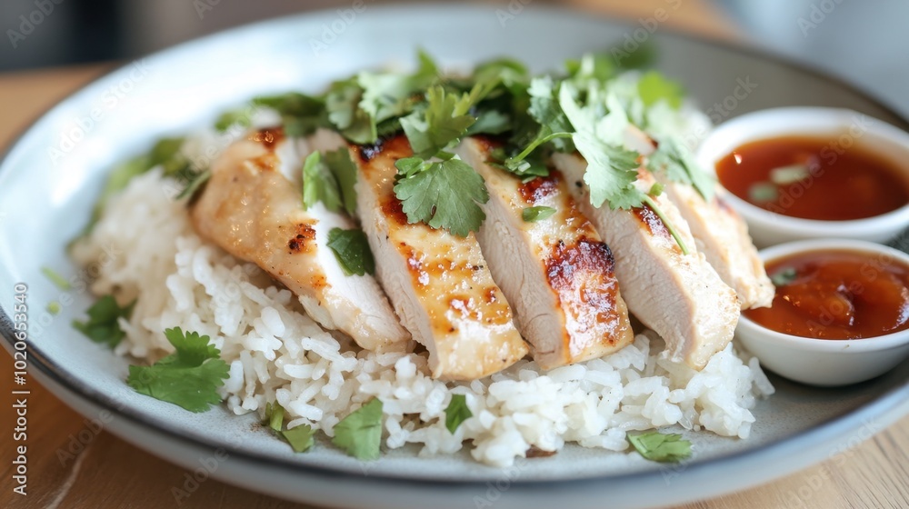 A delicious plate of steamed rice topped with tender, juicy chicken slices, garnished with fresh cilantro and served with a side . A delicious plate of steamed rice topped with tender, juicy chicken slices, garnished with fresh cilantro and served with a side .