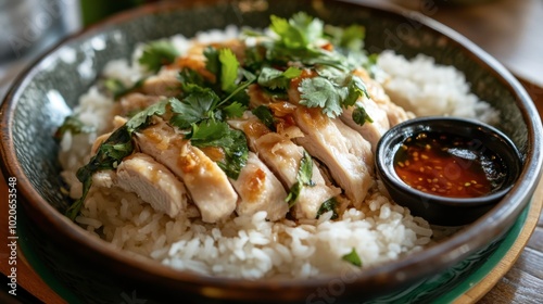 A delicious plate of steamed rice with perfectly cooked chicken, garnished with fresh herbs and served with a side of dipping sauce.