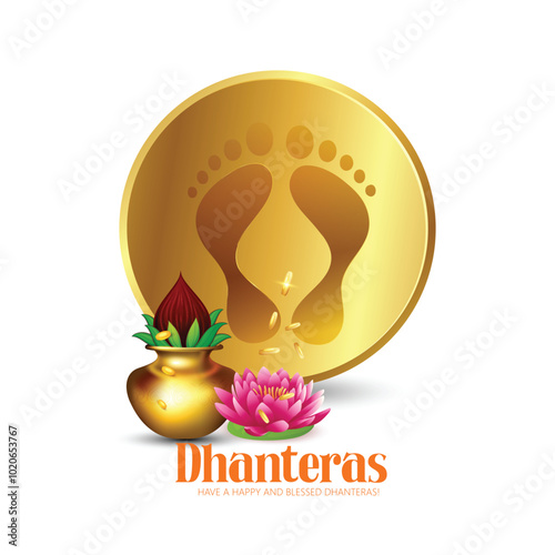 Dhanteras greeting card featuring gold symbols and lotus flowers on a red background. Perfect for celebrating this auspicious Hindu festival with blessings of prosperity.