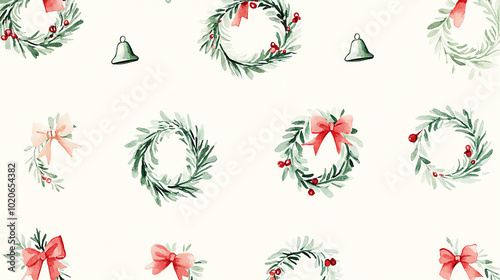 Simple watercolor Christmas wreaths with bells and bows, light green and red tones, floating on a soft cream background, seamless pattern