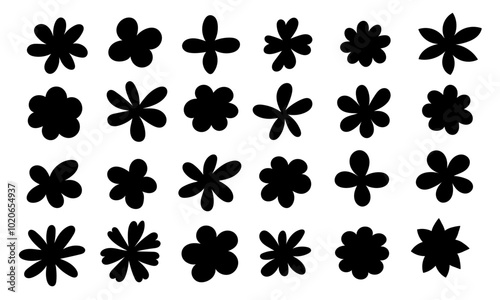 Set of silhouette floral botanical shape in vintage retro style. Abstract black flowers. Hand drawn decorative elements.