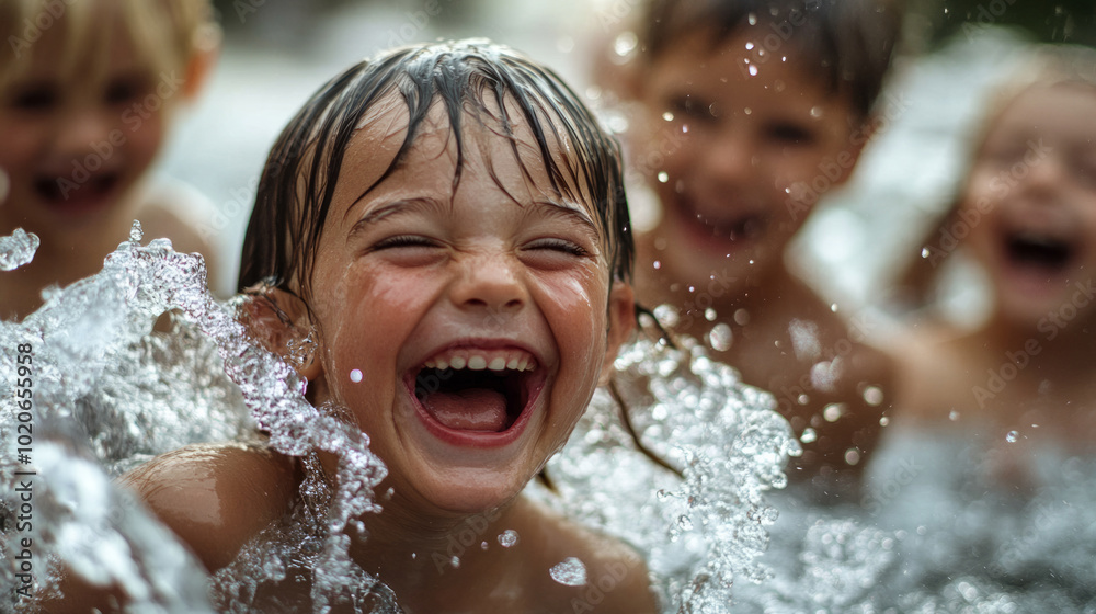 Children joyfully laughing and splashing water during a sunny day at the pool in summer, creating joyful memories and laughter Children joyfully laughing and splashing water during a sunny day at the pool in summer, creating joyful memories and laughter
