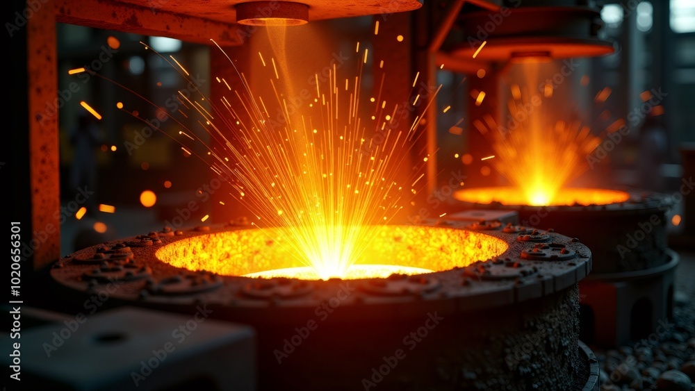 Molten metal being poured into a mold, illustrating industry, heat, and manufacturing processes in a dynamic and vivid industrial foundry setting. Molten metal being poured into a mold, illustrating industry, heat, and manufacturing processes in a dynamic and vivid industrial foundry setting.