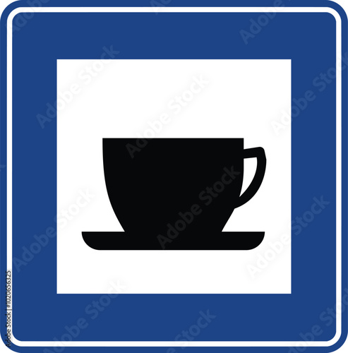 Tea room or cafeteria, Road signs in Turkey. Standard traffic signs on Turkish highways. (Turkish: Karayollari standart trafik isaret levhalari, Bilgi isaretleri)