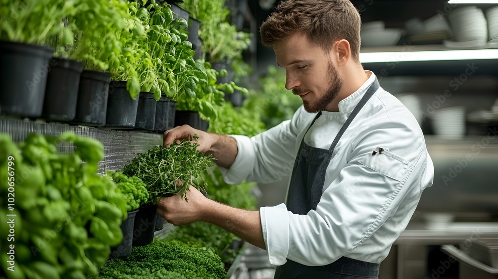 Chef Picking Fresh Organic Herbs from Indoor Garden in Modern Restaurant Kitchen Chef Picking Fresh Organic Herbs from Indoor Garden in Modern Restaurant Kitchen