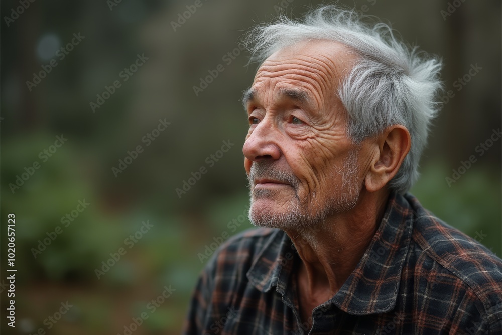 Portrait of thoughtful elderly man with gray hair and beard outdoors in nature Portrait of thoughtful elderly man with gray hair and beard outdoors in nature