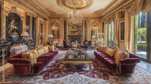 A grand living room with velvet couches, golden accents, and a plush royal carpet, evoking a princess elegant style.