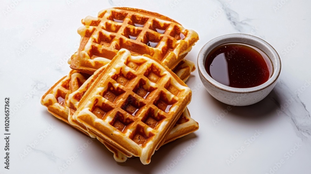 Stack of freshly baked waffles with syrup on a white marble surface Stack of freshly baked waffles with syrup on a white marble surface