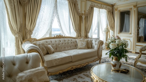 A grand princess living room with a luxurious cream sofa, gold accents, and large windows with lace curtains. photo