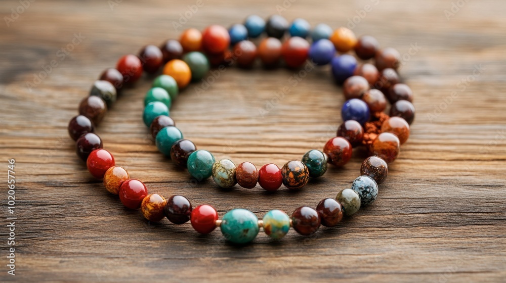A handmade gemstone necklace with colorful beads displayed on a wooden surface. A handmade gemstone necklace with colorful beads displayed on a wooden surface.