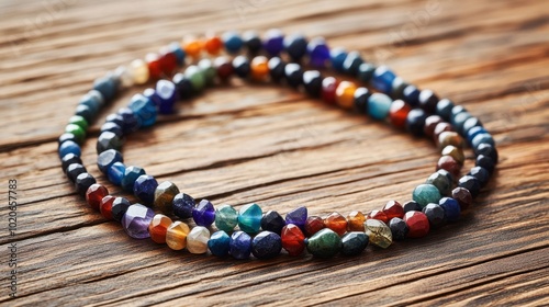 A handmade gemstone necklace with colorful beads displayed on a wooden surface.