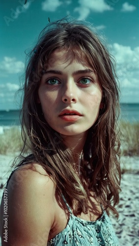 Woman with wavy hair and defined makeup looking off to the side in beach setting