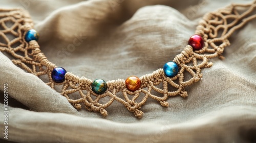 A handmade macram necklace with colorful beads displayed against a neutral fabric.