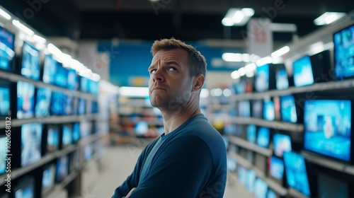 A man contemplating his choices while browsing through televisions at a retail store in the afternoon light