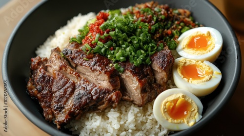 A hearty meal of pork leg rice with juicy, tender pork, jasmine rice, and perfectly cooked boiled eggs on the side.