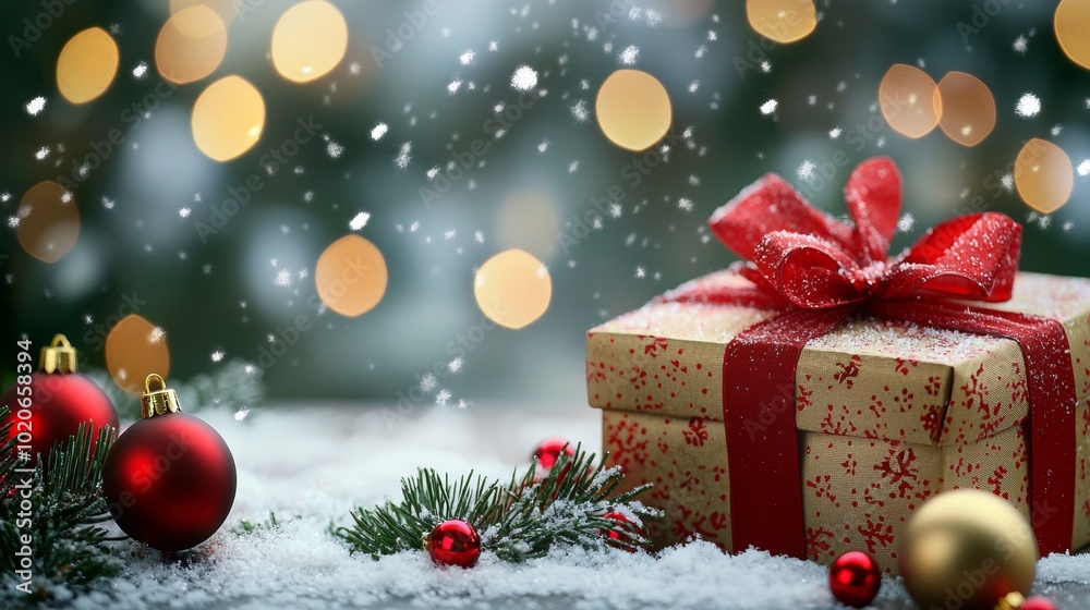 Christmas gift with red bow and ornaments in snow with festive lights Christmas gift with red bow and ornaments in snow with festive lights