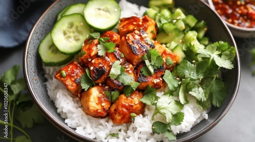 A hearty meal of steamed rice and juicy chicken, garnished with cucumber and cilantro, served with a flavorful sauce.