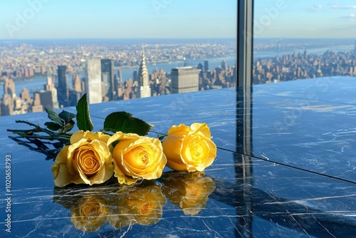 Three Yellow Roses on a Marble Table with a City Skyline in the Background photo