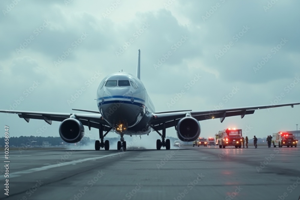 Airplane making emergency landing on runway with fire trucks and rescue teams Airplane making emergency landing on runway with fire trucks and rescue teams