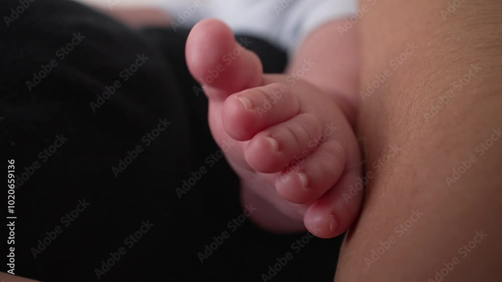 Close-up of a baby’s foot resting gently on an adult’s lap, capturing the small toes and soft skin in an intimate family moment. peaceful atmosphere Close-up of a baby’s foot resting gently on an adult’s lap, capturing the small toes and soft skin in an intimate family moment. peaceful atmosphere