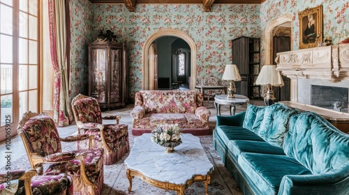 A lavish princess living room with vintage floral wallpaper, velvet chairs, and a marble-topped coffee table.