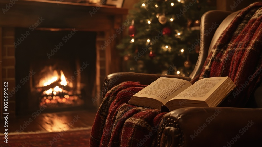 Open Book Resting on a Blanket in a Cozy Chair Near a Fireplace and Christmas Tree Open Book Resting on a Blanket in a Cozy Chair Near a Fireplace and Christmas Tree