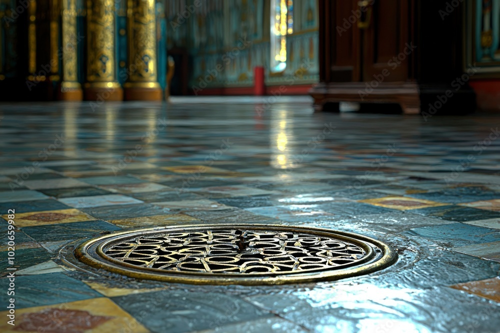 Ornate Brass Drain Cover on a Tiled Floor in a Grand Hall Ornate Brass Drain Cover on a Tiled Floor in a Grand Hall