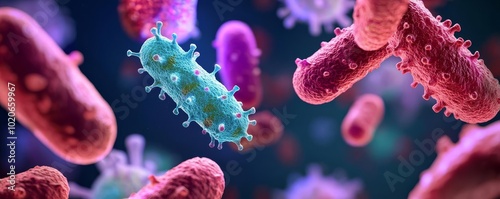 Antibiotic-resistant superbug interacting with immune cells, 3D illustration