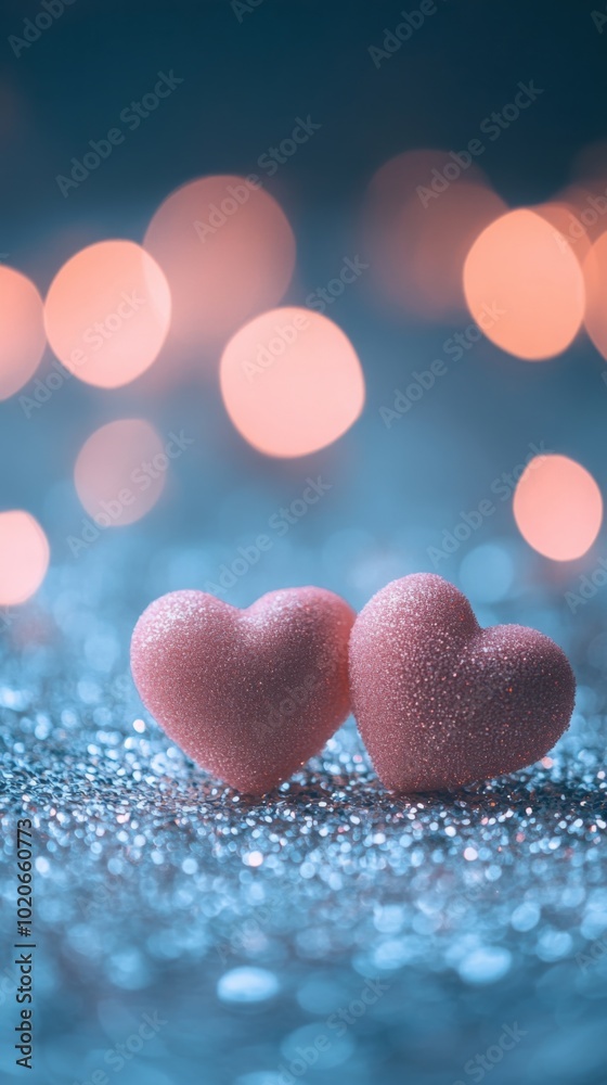 Two pink hearts resting on a glittery silver surface, illuminated by soft, warm bokeh lights in the shape of hearts, dreamy and romantic atmosphere Two pink hearts resting on a glittery silver surface, illuminated by soft, warm bokeh lights in the shape of hearts, dreamy and romantic atmosphere