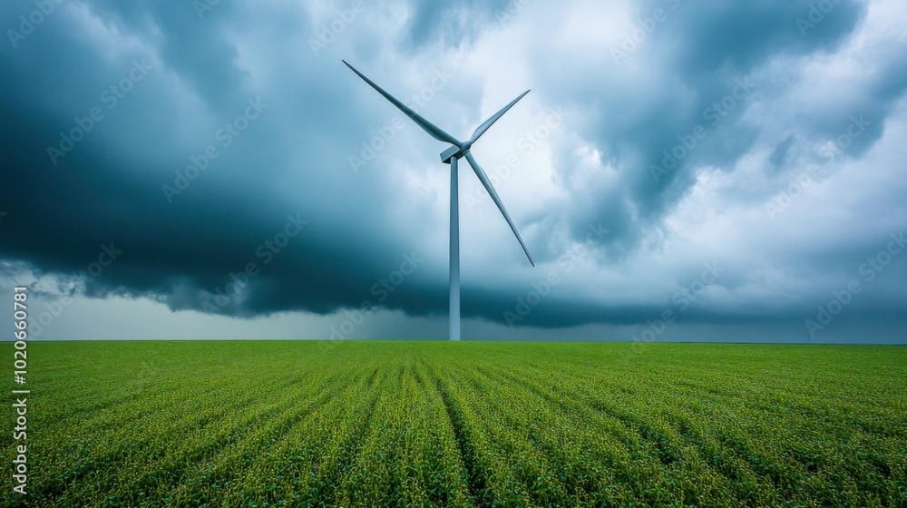 Wind turbine in a field under dramatic cloudy sky, representing renewable energy Wind turbine in a field under dramatic cloudy sky, representing renewable energy