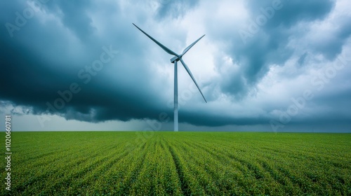 Wind turbine in a field under dramatic cloudy sky, representing renewable energy photo